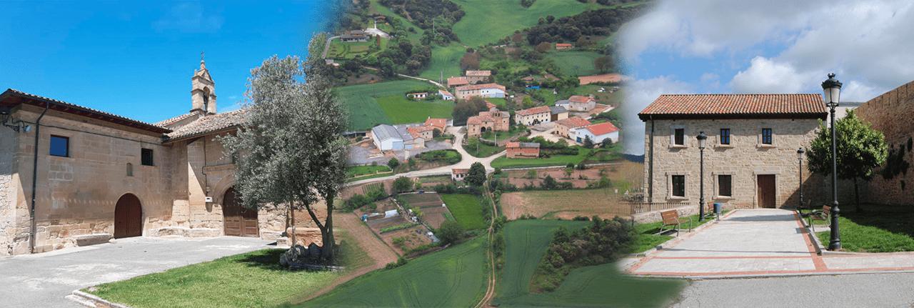 Fotografía de la iglesia, de una vista aérea del pueblo y la fachada de una casa